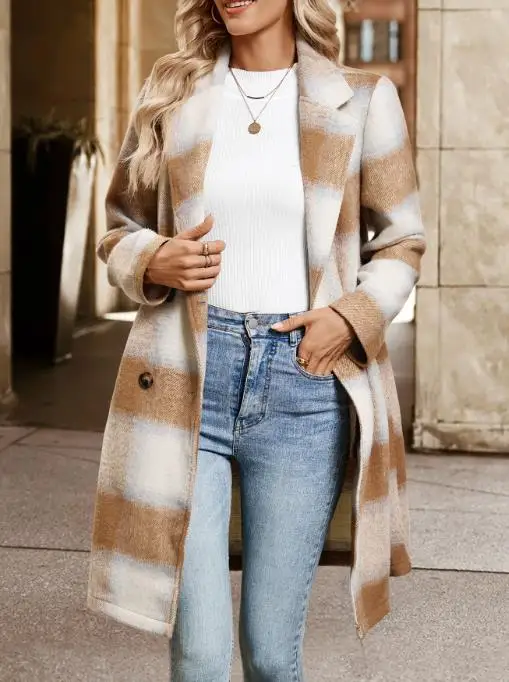 2025 Retro Style Double Breasted Suit Collar with Brushed Plaid Coat, Winter Women's Fashionable Long Sleeved Woolen Coat