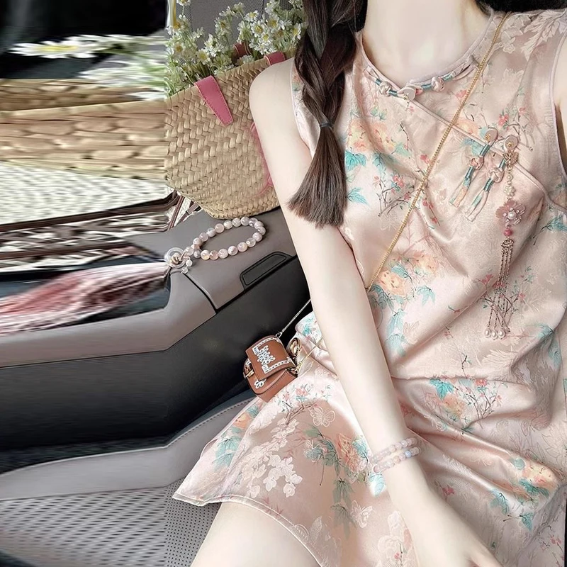 

Summer Vintage Chinese Style Women Floral Pattern Sleeveless A Line Imitation Silk Dress , Flower Printed Dresses for Woman