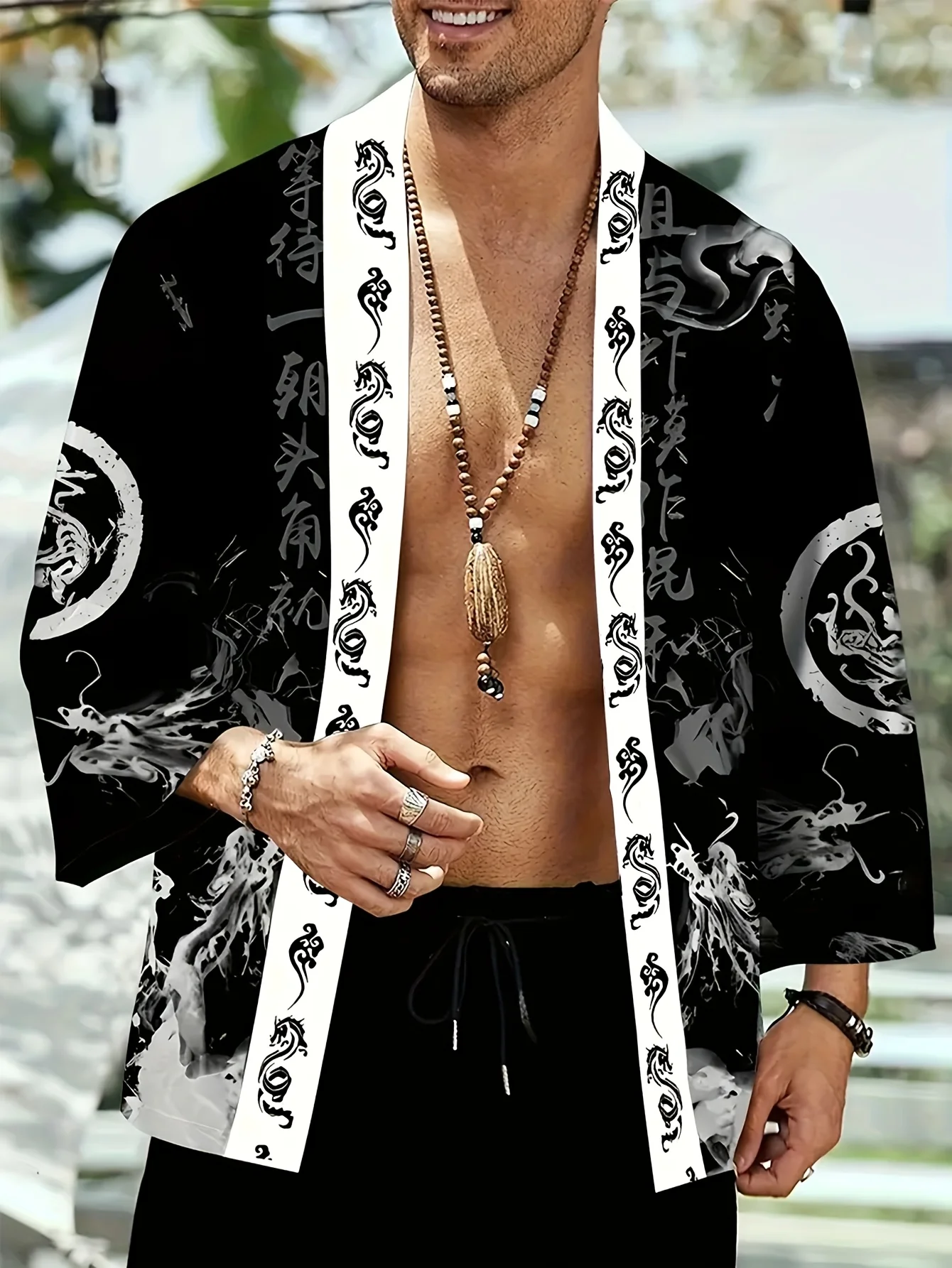 

Men's Ink Dragon Totem Cape Print Loose-Fit Kimono Daily Wear Men's Japanese Traditional Kimono Mens Cape Kimono Style