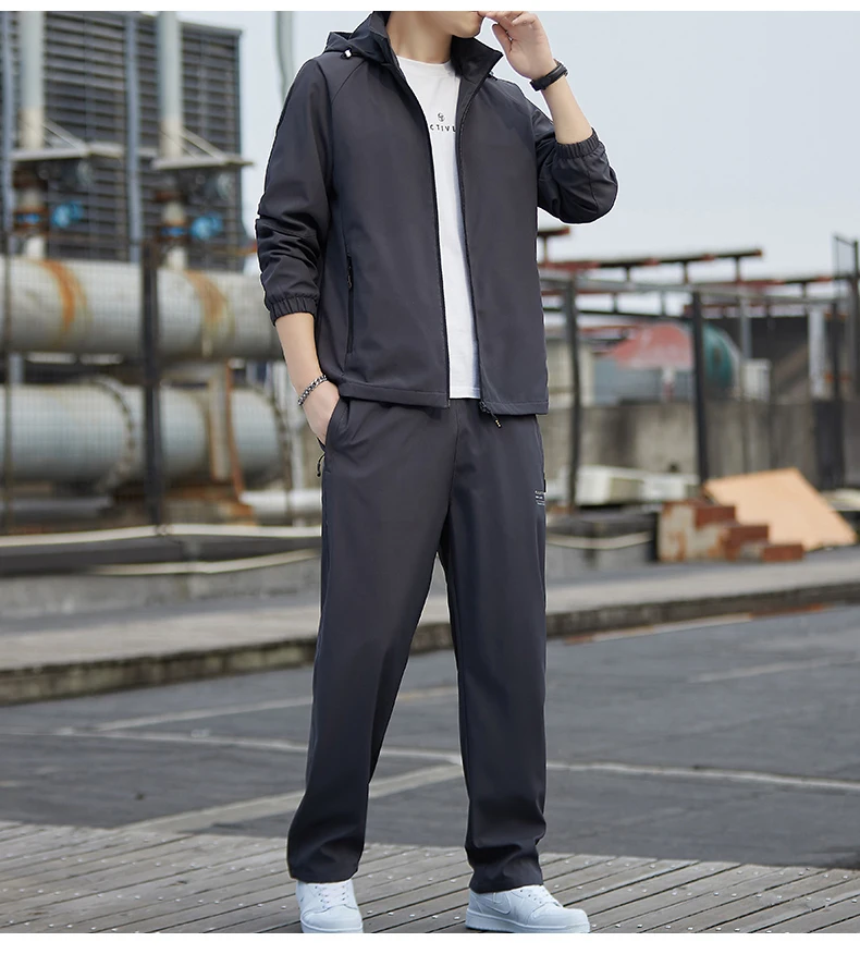Men Black Hooded Tracksuit Full Zip Jacket Elastic Waist Pants Mesh Lined Casual Outdoor Sports Set