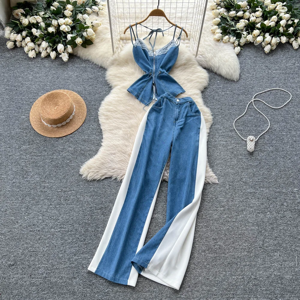 

Lace Lace Zipper Sling Vest + High Waist Striped Splicing Slim Trousers Cool Spicy Denim Suit Women's Summer
