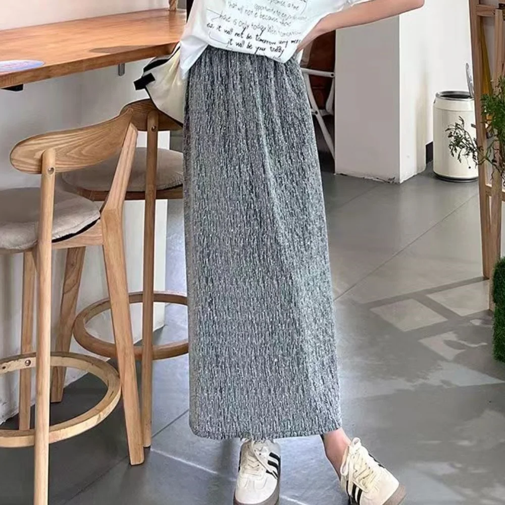 Autumn Women\'s Casual A-Line Skirt Bright Silk Party Club Straight Skirt Y2K Youth Elastic Waist Slit Slim Sexy Skirt Chic Trend