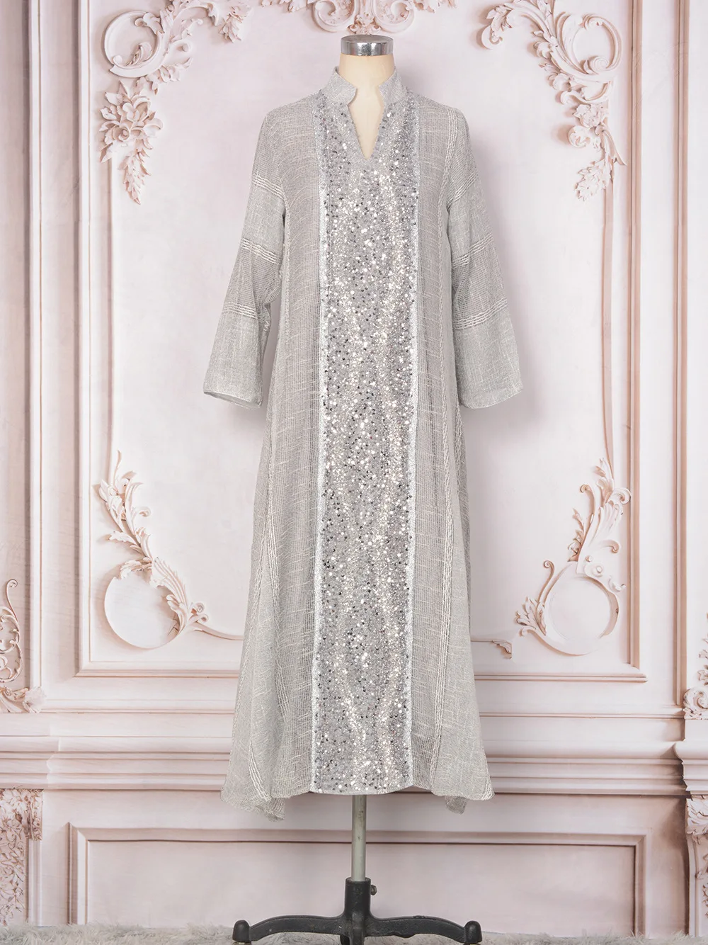 패션 두바이 터키 스팽글 Tulle 드레스 이슬람 Jalabiya v 넥 느슨한 우아한 Abaya 이슬람 여성 캐주얼 통근 긴팔 가운