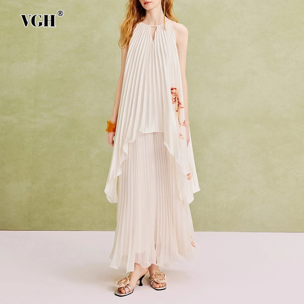 

VGH Elegant Printing Irregular Pleated Dresses for Women Halter Neck Sleeveless Causal Temperament Midi Chiffon Dress Female New