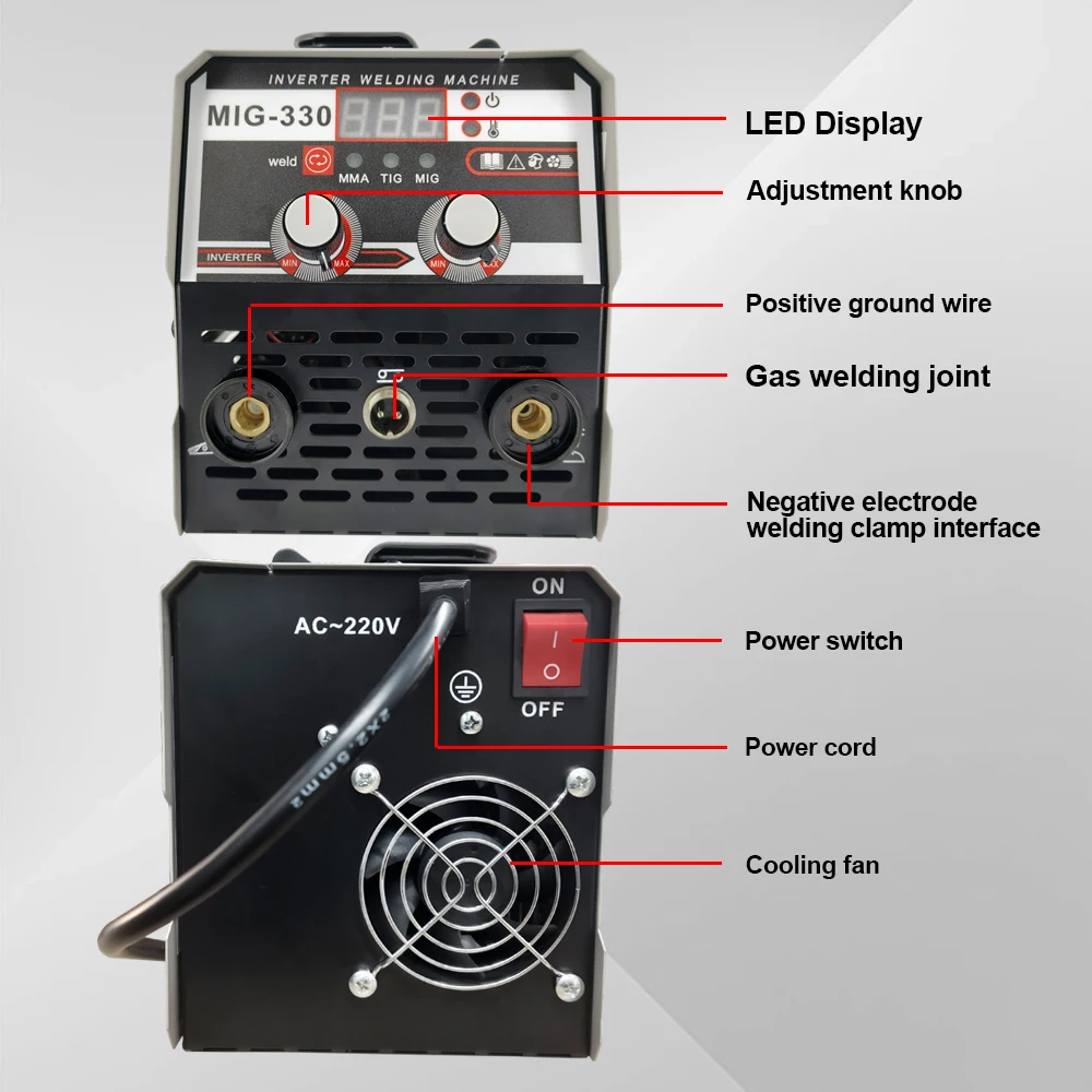 Máquina de solda mig semiautomática 3 em 1, soldador sem gás tig/mma/mig com tela digital para uso doméstico 110/220v