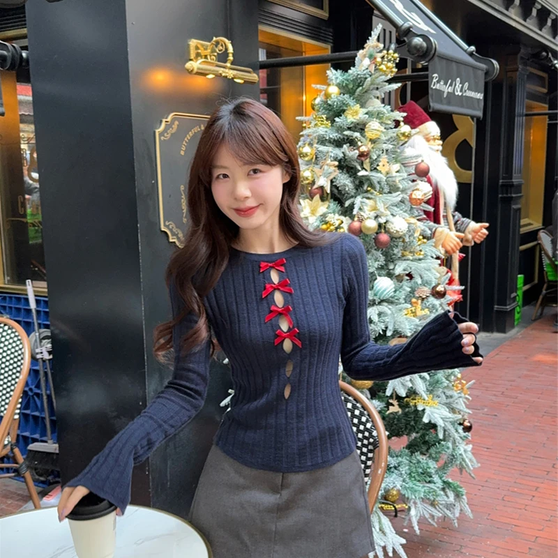 

MEXZT Y2K Cropped Bow Sweater Women Streetwear Sexy Hollow Out Knitted Pullovers Harajuku Cutecore Knitwears Winter Slim Jumpers