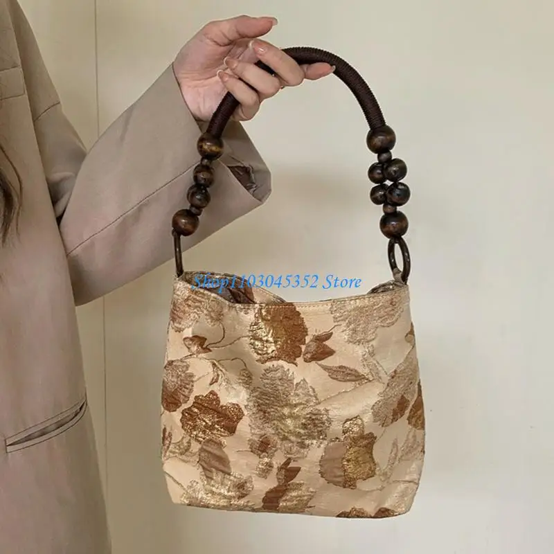 A3PE Print Print Flower Leace for Women Counter Bag Bag Discal Discual مع حبات الخشب مقبض دلو محفظة دلو
