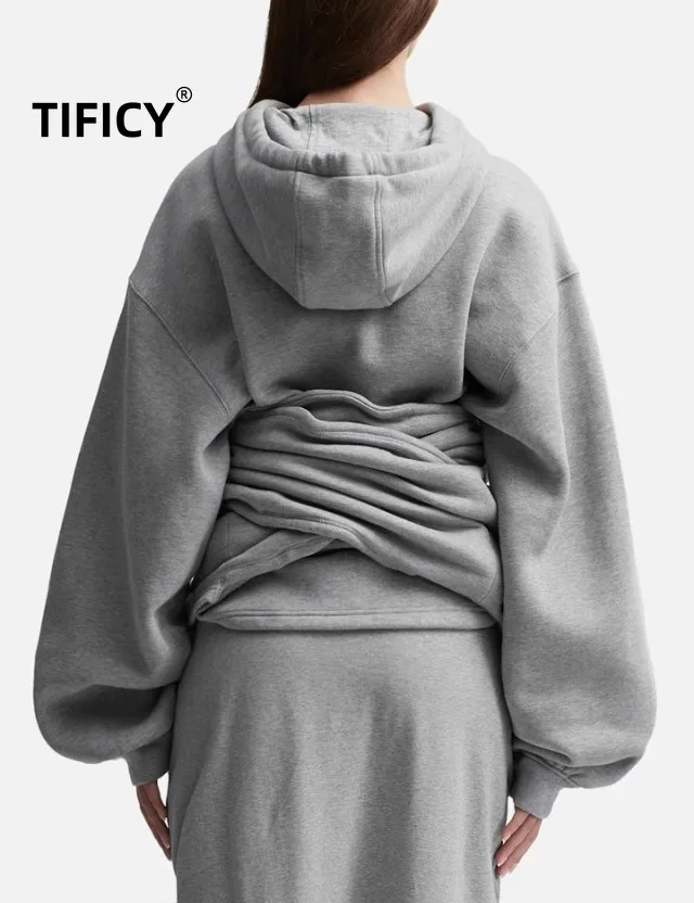 High Street Men and Women's Dark Niche Independent Personality Waist Knot Decoration Embroidery Knitted Hooded Loose Sweatshirt