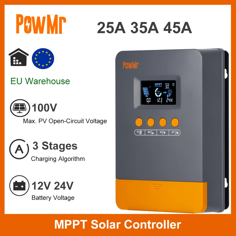 PowMr MPPT Solar Charge Controller 45A 35A 25A 12V 24V Auto Lead-Acid and Lithium Batteries for Solar System RV Camping Car Boat