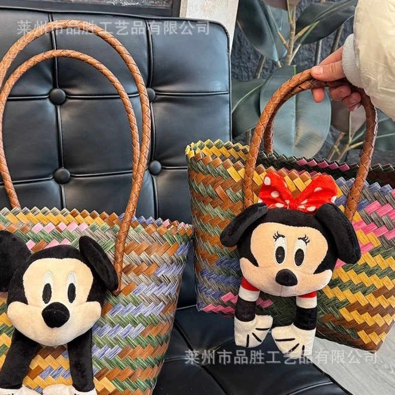 Hand-woven basket Mickey Minnie cartoon Kawai Tot new large capacity one-shoulder fashion vegetable basket bag handbag wholesale