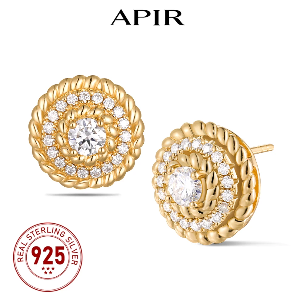 

APIR D Color VVS1 Moissanite Stud Earrings for Women 925 Silver Round Retro European Style Gold Plated Earrings Banquet Jewelry