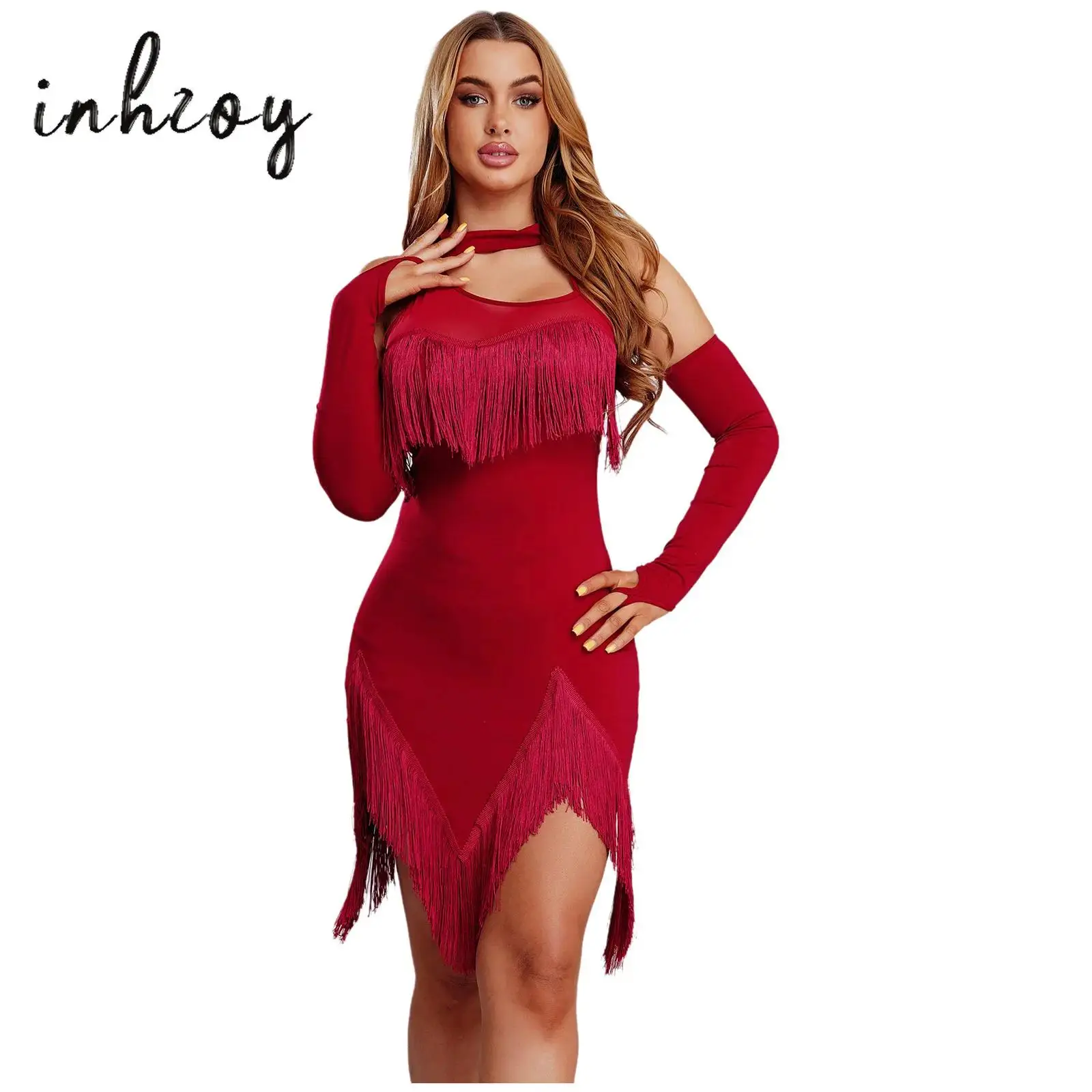 

Women's Latin Chacha Dance Dress Halter Sleeveless Tassel Irregular Hem Dress+Safety Shorts+Gloves for Dancing Class Ball Party