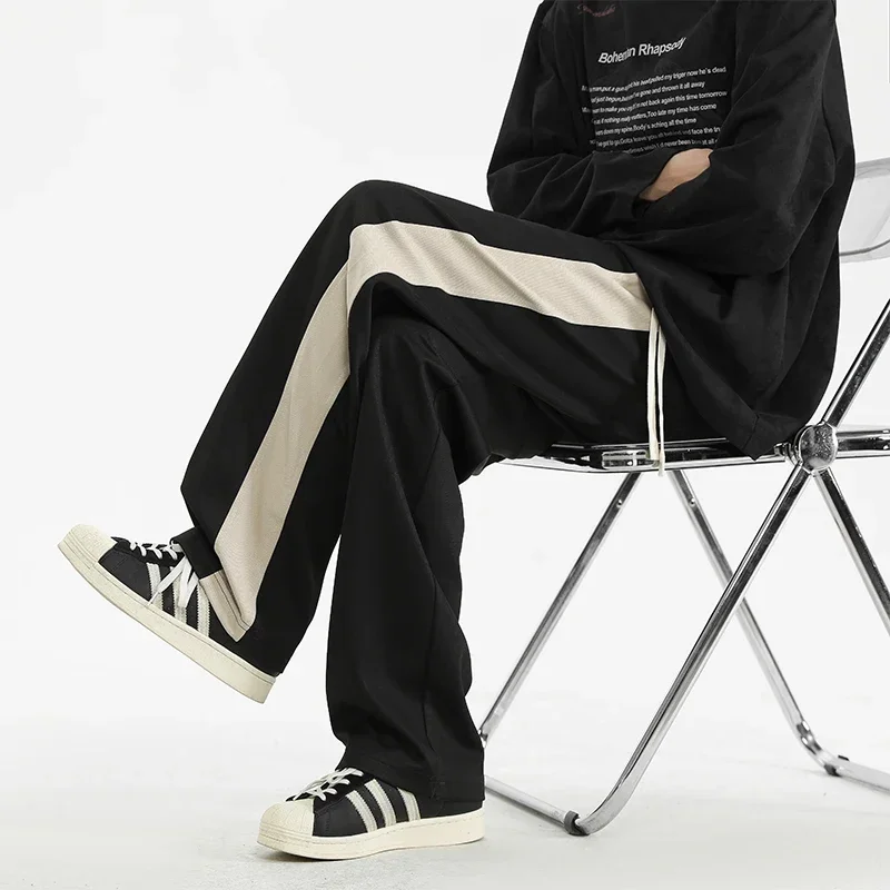 

High Street Baggy Pants Men American High Street Joggers Men's Loose Straight Sweatpants Streetwear Side Stripe Wide-leg Pants