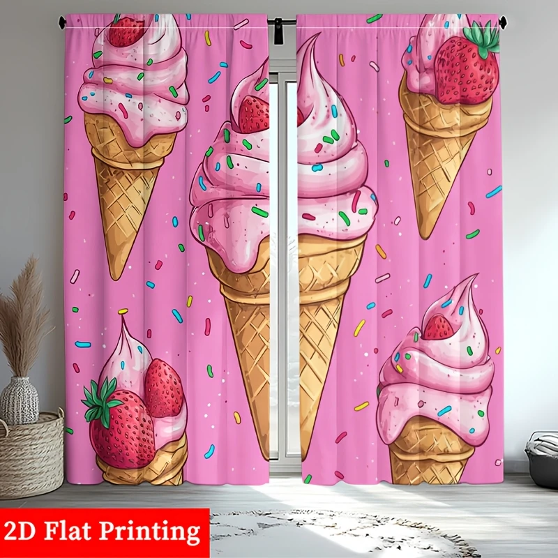 Cute Ice Cream Strawberry Pattern Curtains Shower Curtain Bathroom Fabric Window Hanging Sweet Dessert Home Decor Nursery Room