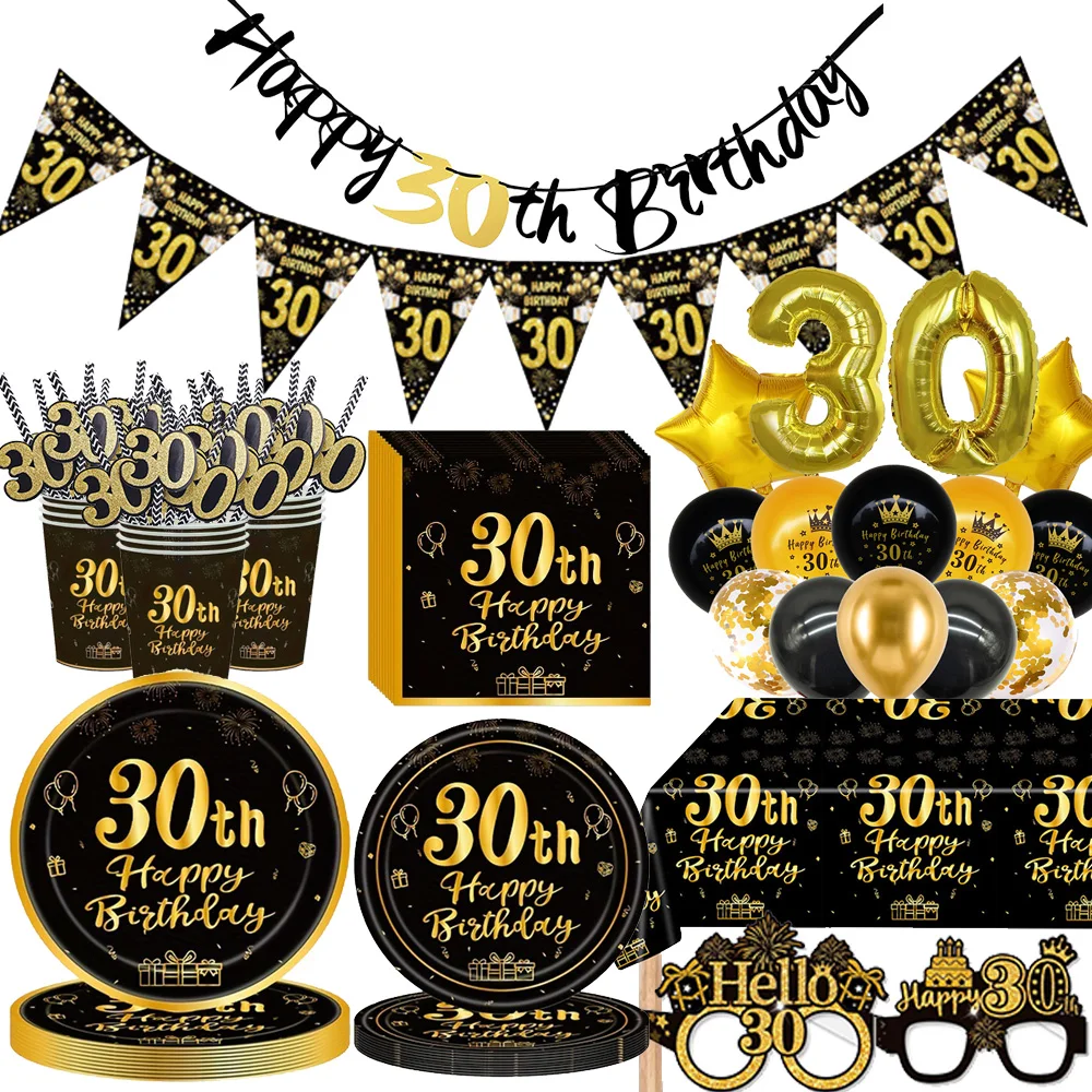 Vaisselle jetable en or noir pour 30e anniversaire, fournitures de décoration, assiettes, nappe, bannière d'anniversaire, ballon numérique de 32 pouces