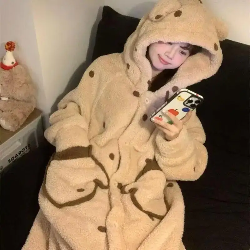 Autumn and Winter Women's Warm Pajamas Teenagers' Thick Nightgowns Sweet and Cute Girls' Loose Casual Home Clothes Comfortable