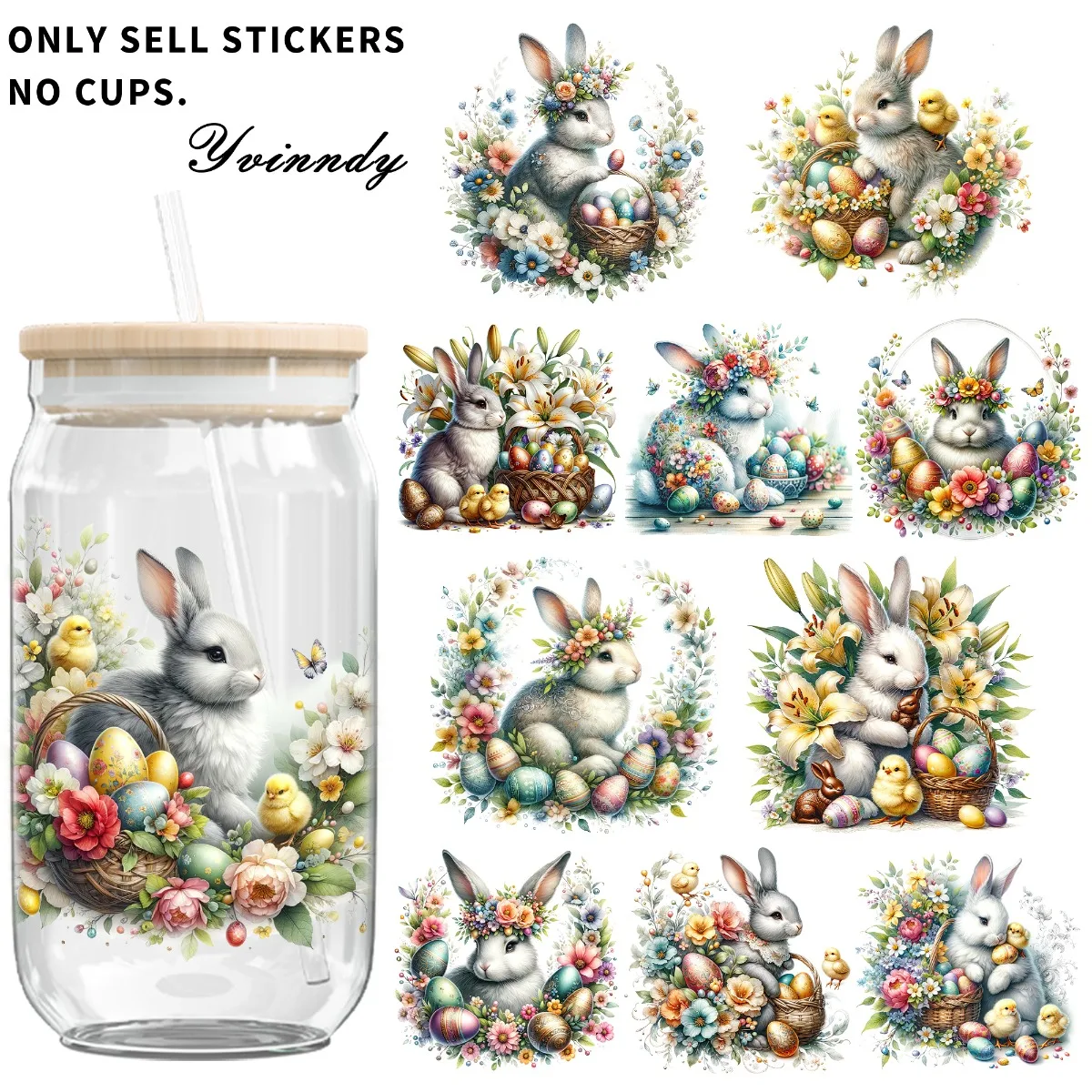4PCS/SET Easter Flower Rabbit DIY Light Beigeny Tumblers Wrap Decorative Transfer Paper UV DTF