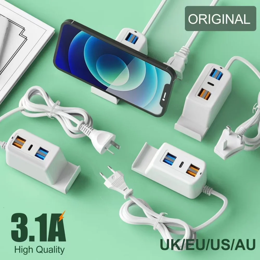 3.1A Muti Ports USB Charger Power Strip Type C Fast Charging Charger Adapter Quick Charge 3.0 EU/US/UK Plug Wall Charger Socket