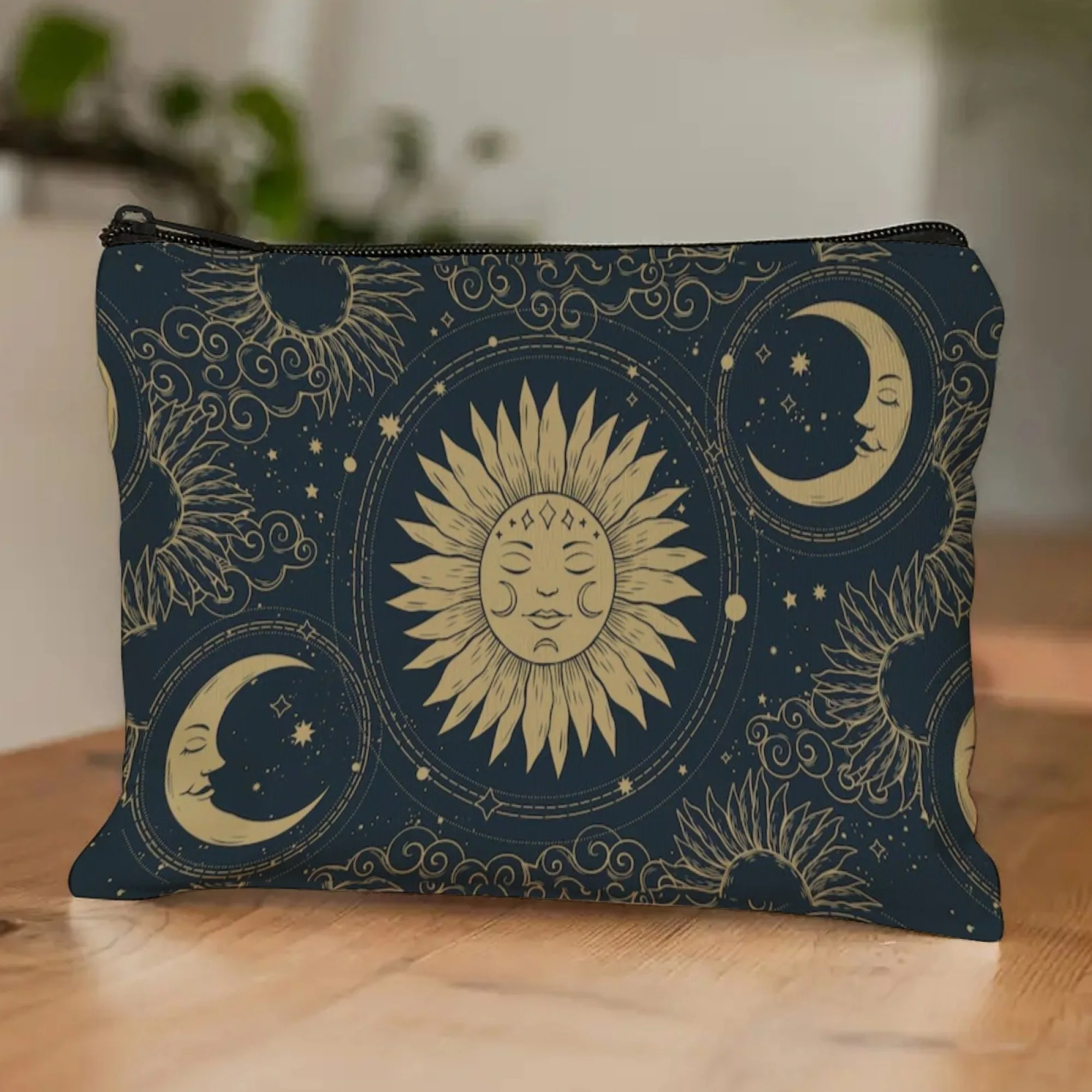 Mysterious Tarot Theme Print Dreamy Sun-Moon Cosmetic Pouch Washable Fabric Black & Gold Tones Perfect Gift for Occult Lovers