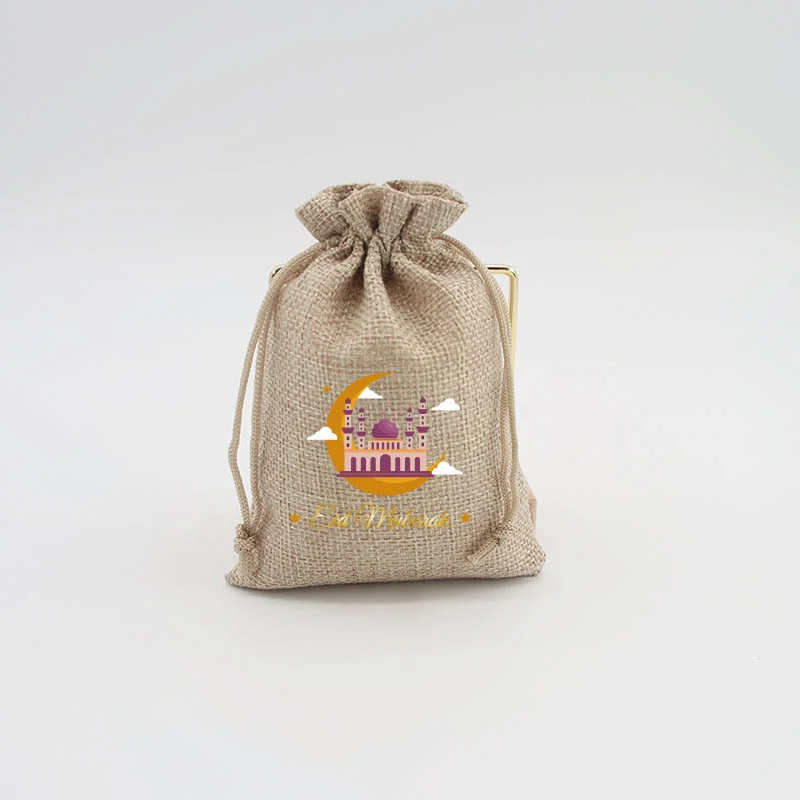 StoBag 50pcs Wholesale Ramadan Eid Mubarak Linen Drawstring Bags Small Candy Gift Storage Package Kids Pocket Pouch Party Favors