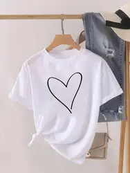 Clothes Graphic T-shirt Fashion Print Summer Women Love Heart Trend Sweet Short Sleeve Lady Female Shirt Tee