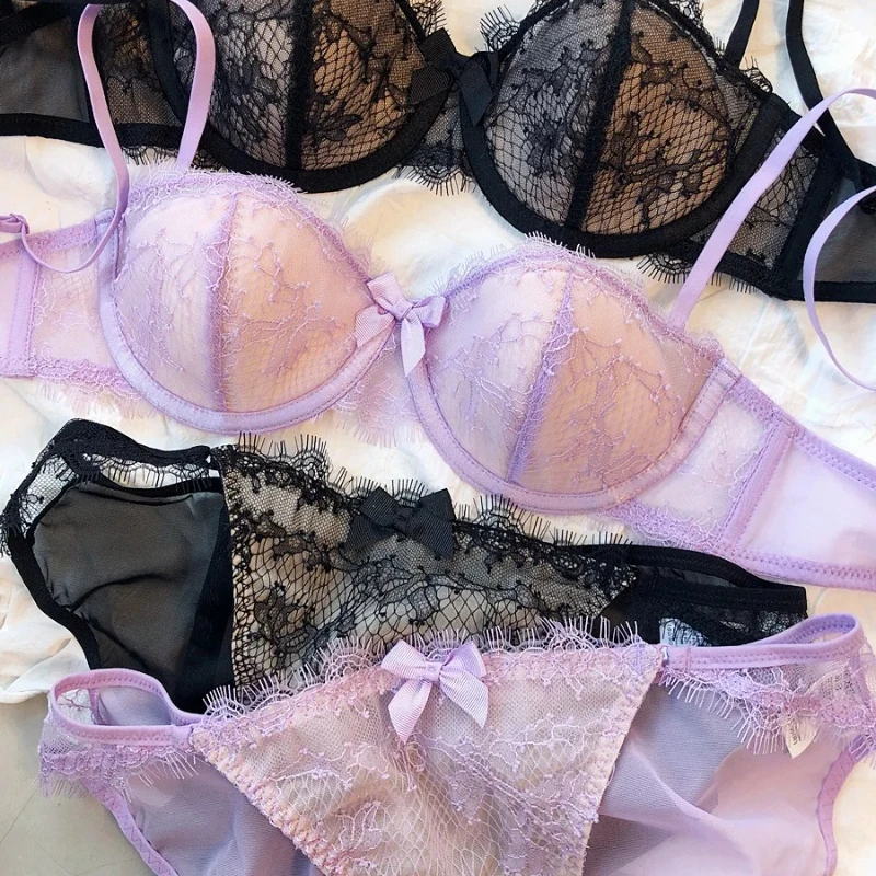 

Sexy Lace Embroidery Women Underwear Set Summer Low-cut 1/2 Thin Cup Push Up Bra Set French Intimate Lingerie Panties Set