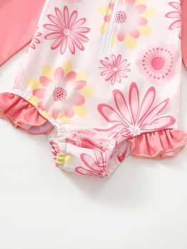 Baby Girls' Floral Long-Sleeve Swimsuit Set with Sun Hat | UV Protection 6 Baby Girl Summer Cute Flower Long Sleeve Onesie Swimsuit with Sun Hat Infant Swimming Suit with UV Protection 6