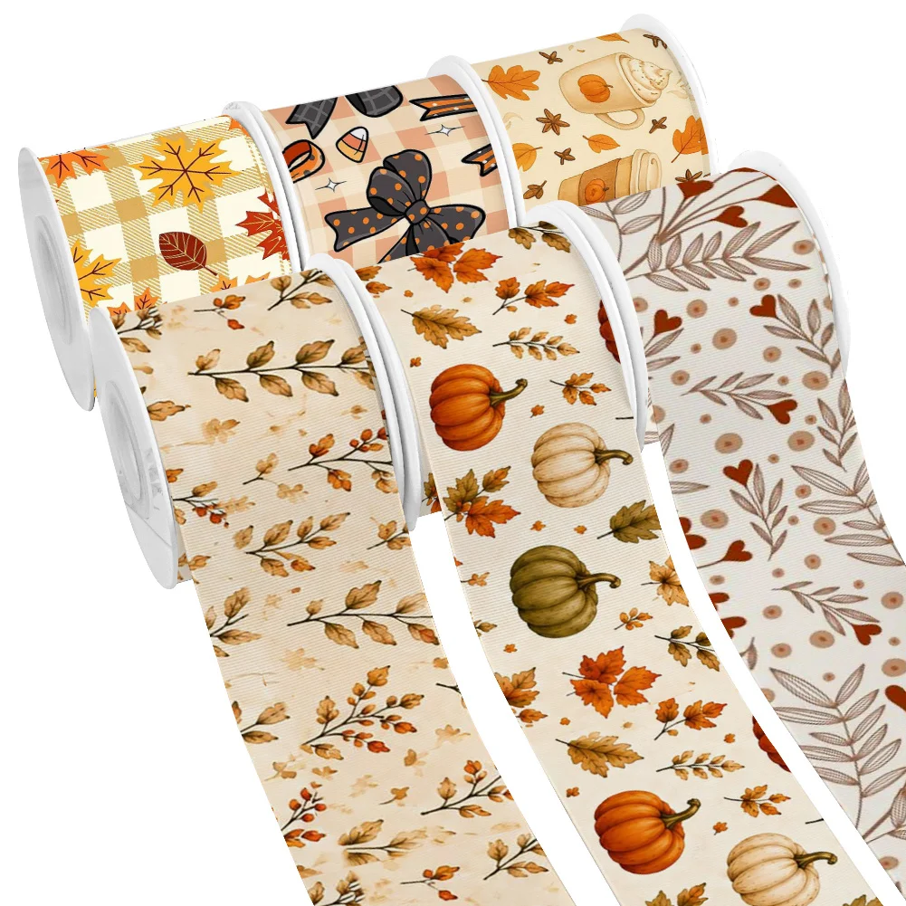 Autumn Fallen Leaves Flowers 5yards Printed Grosgrain Ribbon for Cheer Bows DIY Girl Headwear Hair Bows Satin Ribbon