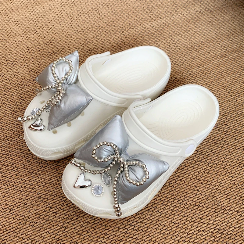 Luxury Silver Bow Shoes Charms Set Pearl Rhinestone Heart Shoe Accessories Elegant Clog Decorations for Sandals,  Gift for Party