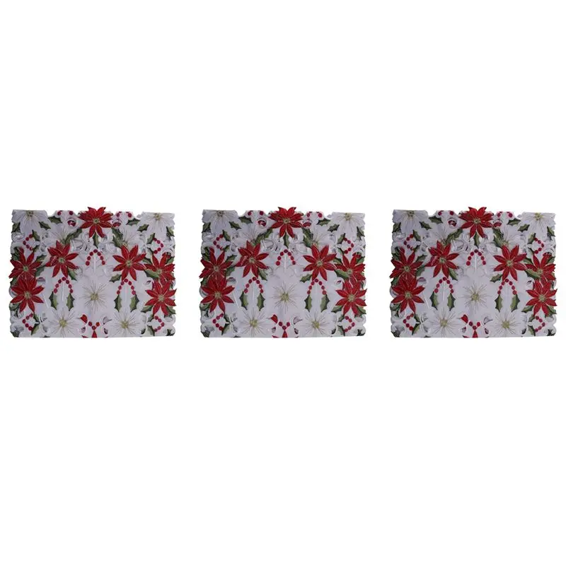abre-3x-クリスマス刺繍テーブルランナー、豪華なヒイラギとポインセチアのテーブルランナー、クリスマスデコレーション用、15×70インチ