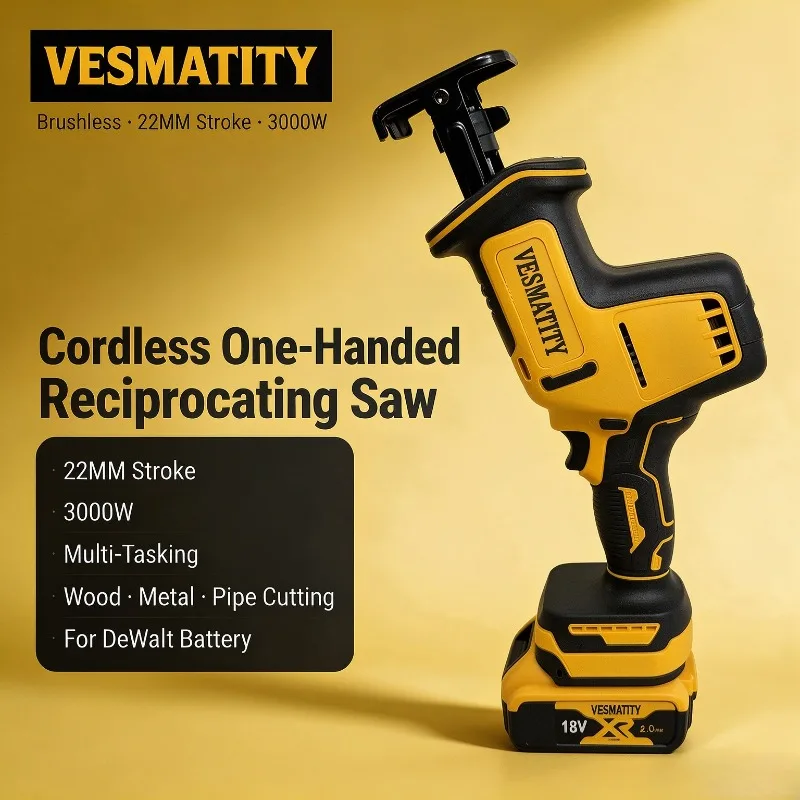 Cordless One-Handed Reciprocating Saw Brushless 22MM Stroke 3000W Multi-Tasking for Wood Metal Pipe Cutting For Dewalt Battery