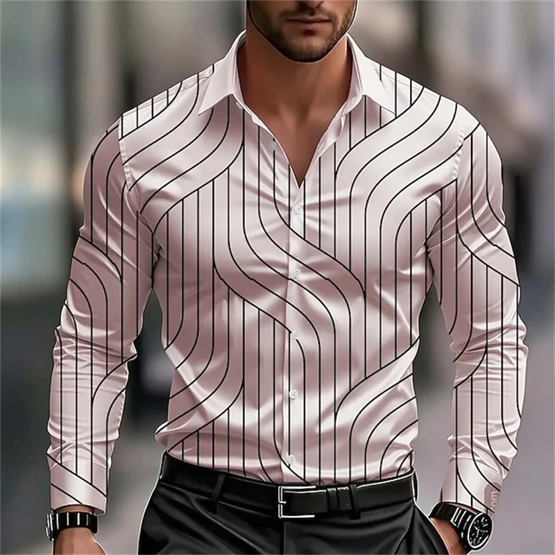 Men's Geometric Pattern Wave Abstract Art Shirt, Business Casual Vacation Long Sleeve Collar Button-Up Shirt, Black