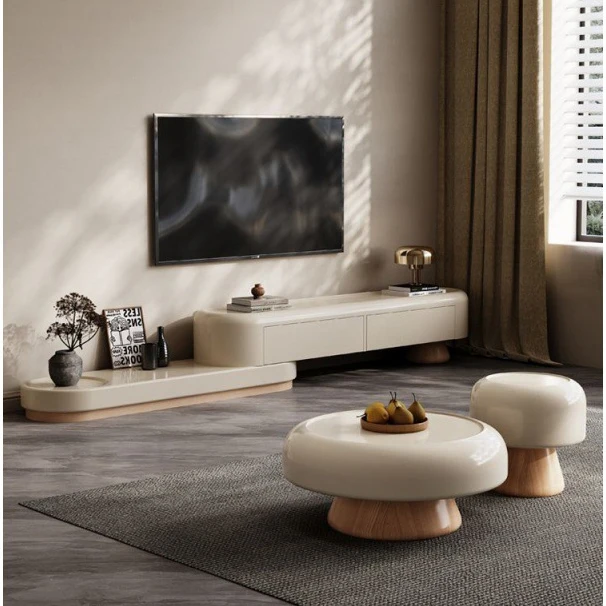 

!@Multi - Functional Cream TV Cabinet, Curved Design, Large Capacity, Sturdy, Living Room Use