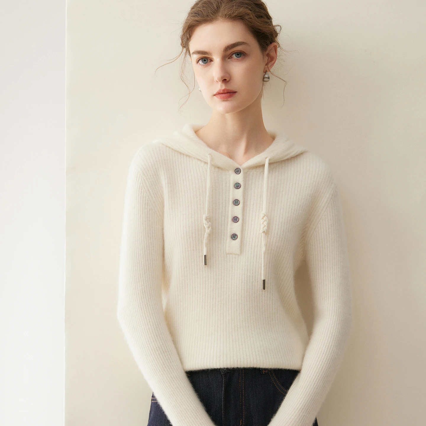 A-class high-quality women's 100% cashmere sweater thick solid color knitted semi-open hooded collar loose Blouse Tops