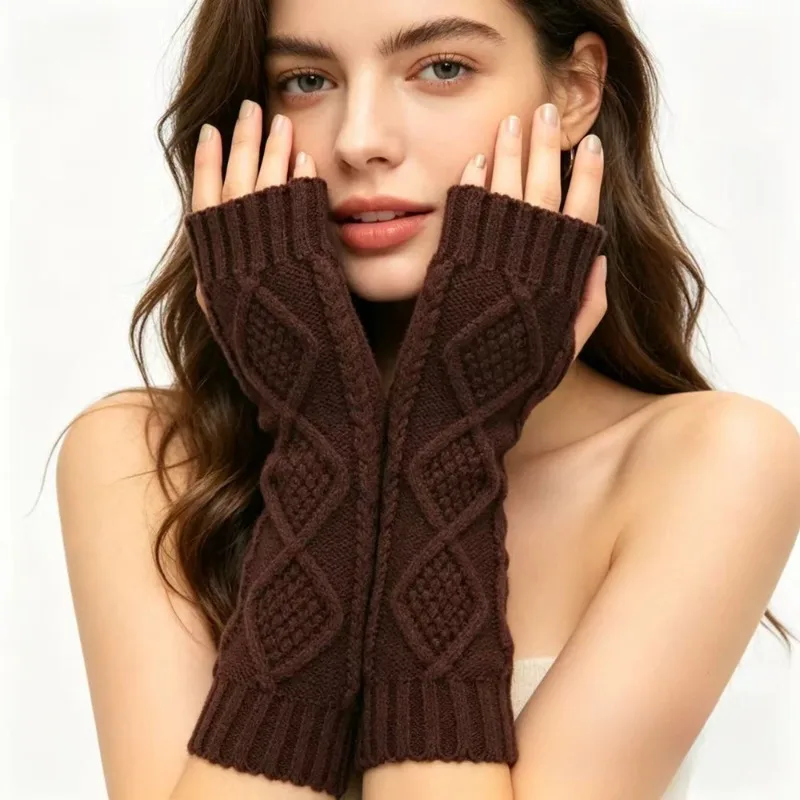 Knitted Wool Gloves Rhombus Warm Half Finger Extended Arm Cover Open Finger Wrist Guard Sleeve Winter Unisex Thermal Women Men