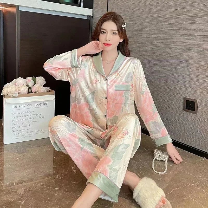 Women\'s 2 Piece Pajamas Set Floral Pijama Faux Silk Satin Pyjama Female Sleepwear Long Sleeve Lapel Shirt Pants Suits Homewear