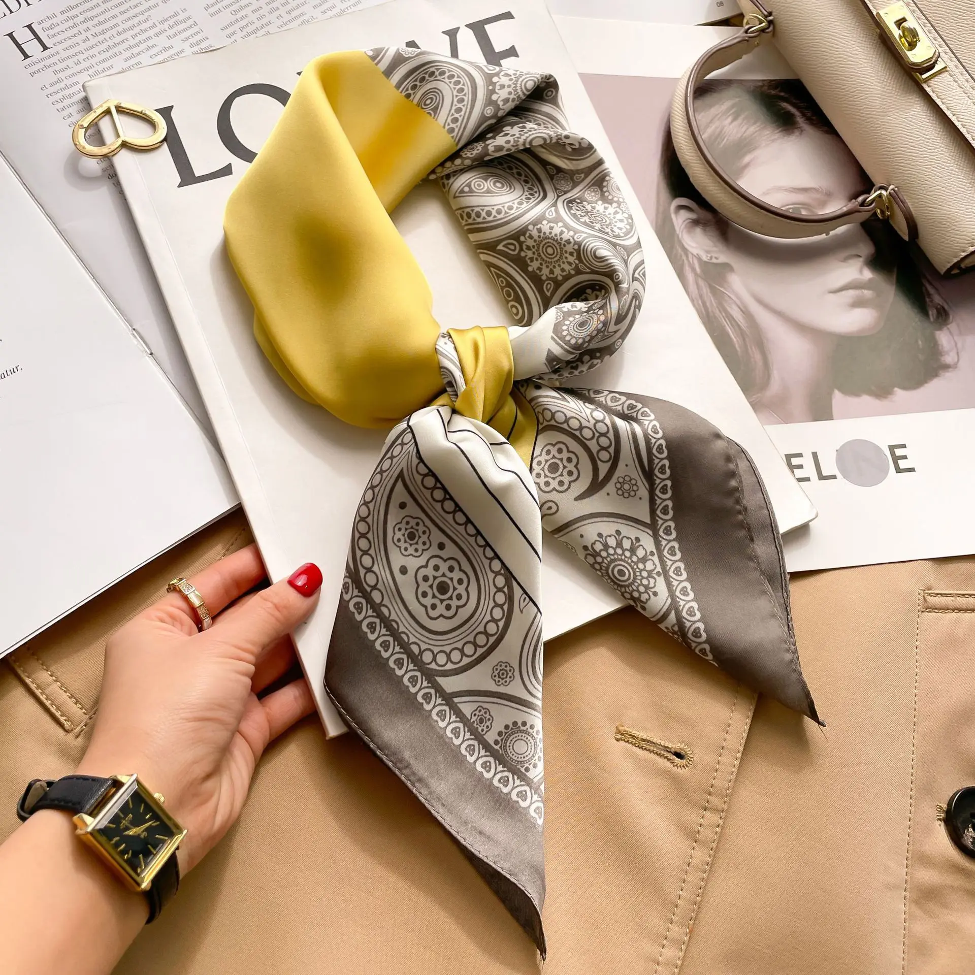 1 قطعة 70 سنتيمتر houndstooth مطبوعة مربع وشاح للنساء الحرير المسيحية خطابات المألوف ومتعددة الاستخدامات الحجاب وشاح باندانا