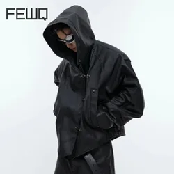 FEWQ Niche Metal Buckle Design Shoulder Pad Jacket Silhouette Hooded PU Leather Suit Set 2024 Darkwear Male Sets 24E1819