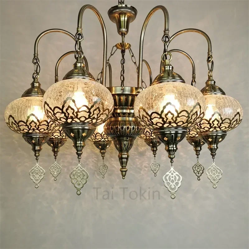 Moroccan Ice-Cracked Glass Ball Chandelier Iron Art Pendant Light for Hotel, Restaurant & Villa Decor