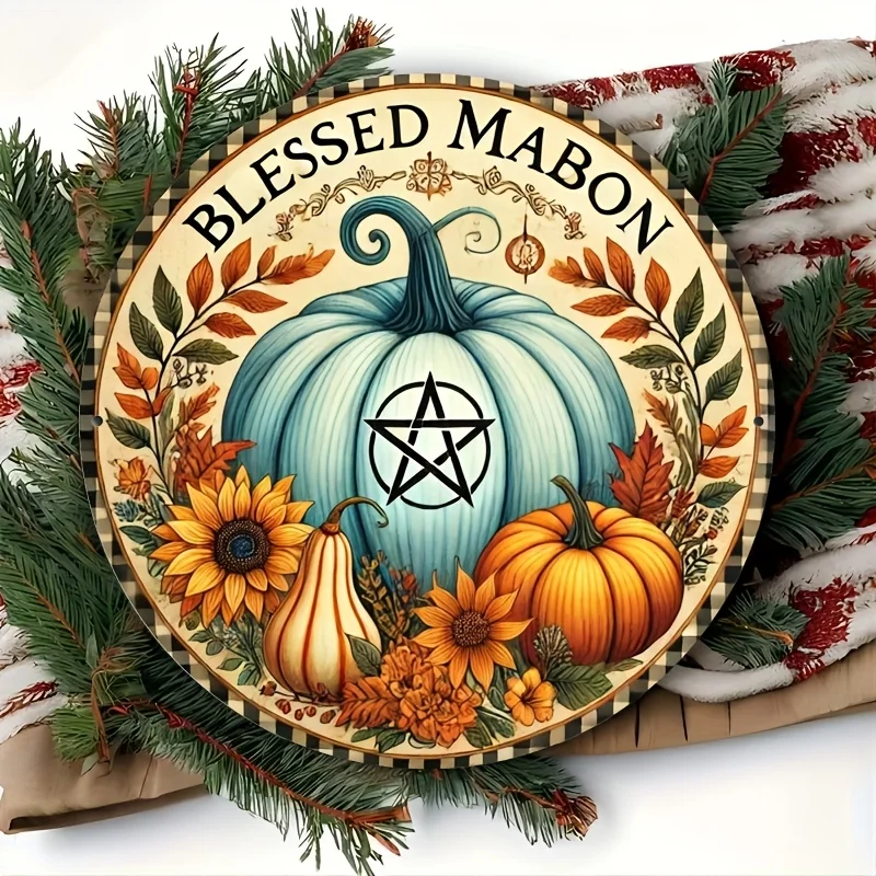 1pc of a Mabon Pumpkin Wreath Themed Aluminum Metal Art Sign Measuring 8.0 by 8.0 Inches. This Festive Foil Sculpture Is Perfect