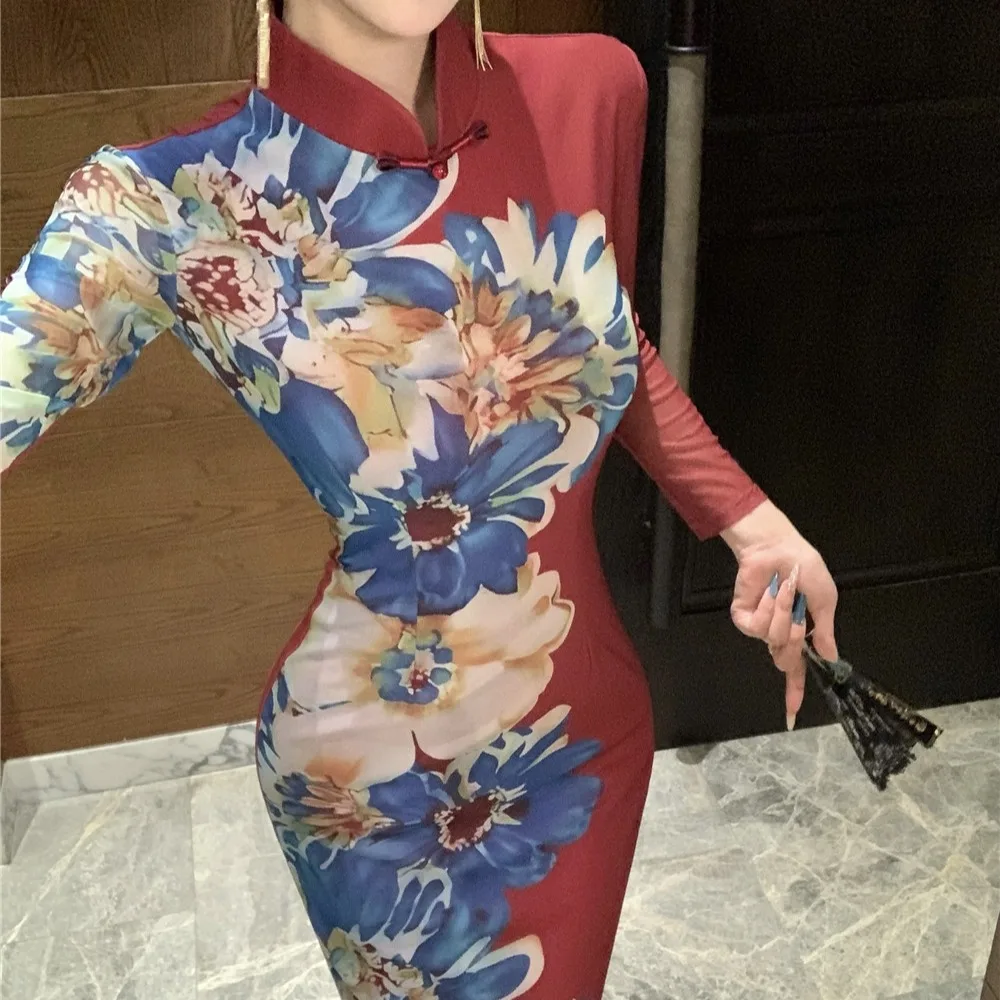 Ele Floral Me Split Qipao Dr Sexy Faionable Herbst Neue Ankunft frauen Lange Sve Bodycon Dr Chinesische Sle