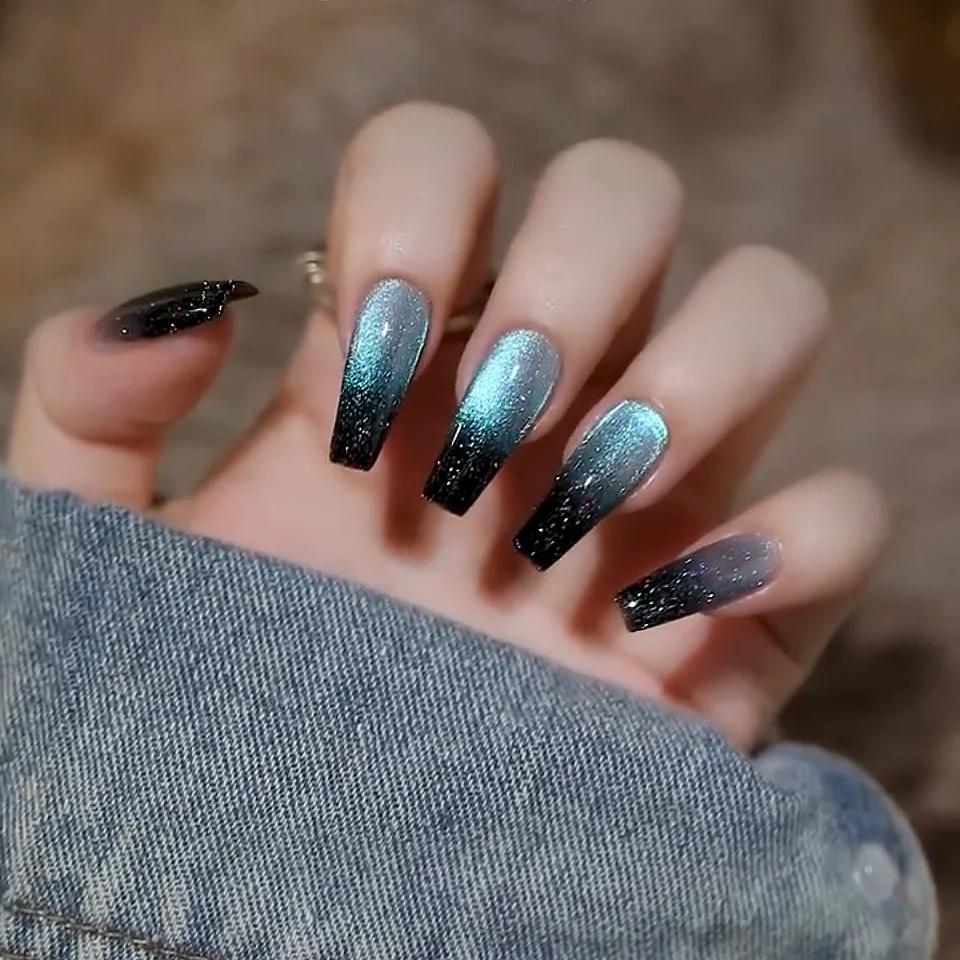 24pcs Wearable Blue Black Gradient Fake Nails Ballet Cat\'s Eye Phototherapy French False Nails Y2k Press On Nails Long Coffin