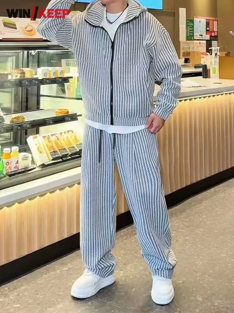 

Men Stripe Hooded Zipper Thicken Two Piece Running Set Tops Pants Gym Fitness Sports Sets Outdoor Autumn Winter Jogging Tracksui