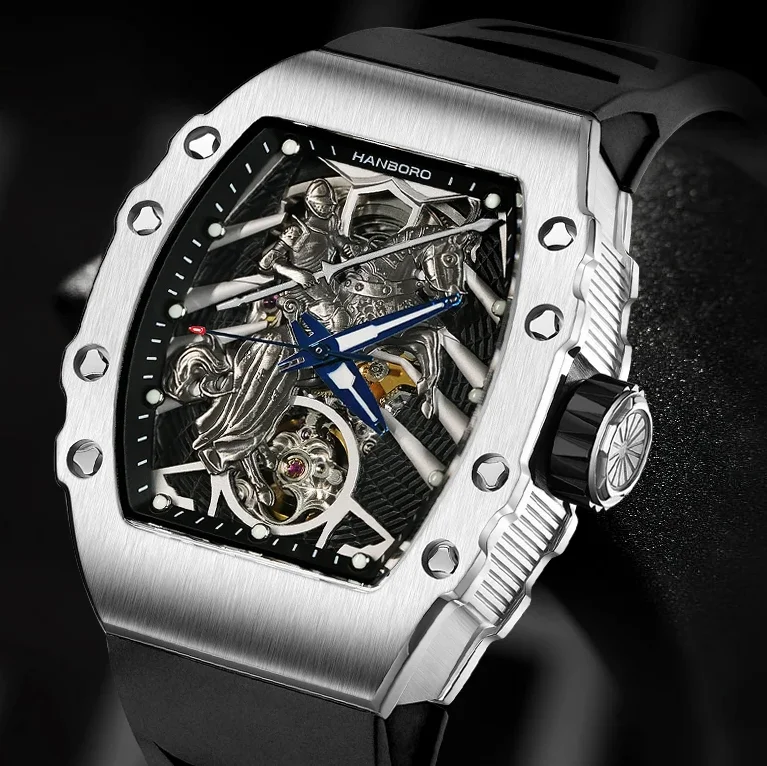 HANBORO Men Automatic Watch 50mm Tonneau Mechanical Wristwatch Luminous Sapphire Skeleton Knight Dial Miyota 9015