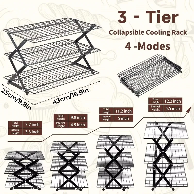 YTYINCollapsible Carbon Steel Metal Cooling Rack Non-Stick Adjustable Multi-Tier Wire Grid Stackable Drying Tray Cooking Baking