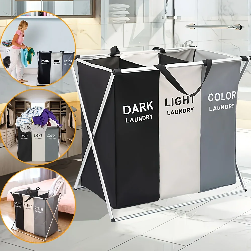 Oxford Bags Washing Clothes Storage for Home Dormitary Office Sorting 3 Section Laundry Basket  Foldable with Waterproof