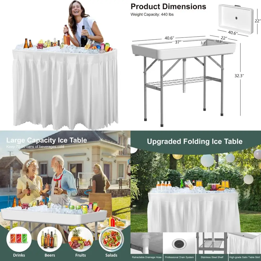 

Portable Folding Ice Cooler Table with Removable Skirt and Shelf for Outdoor Parties, BBQs, and Camping Adventures