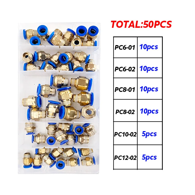 50Pcs/Box PC Series Pneumatic Quick Connector Male Thread 1/8 1/4 PU Hose Air Pipe 6mm 8mm PC6-01 PC6-02 PC8-01 PC8-02 Fittings