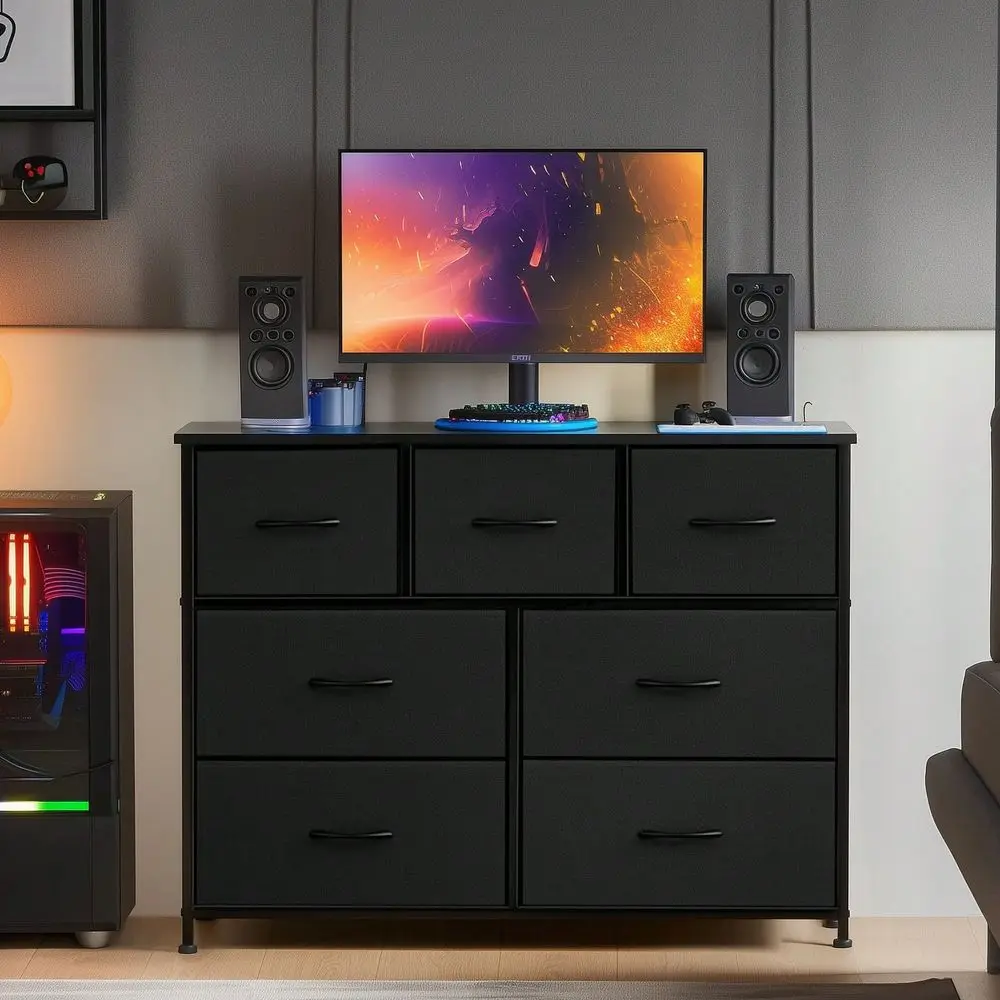 

Dresser For Bedroom, 7 Storage Drawers, Wide Fabric Closet Chests Organizer Tower Furniture, TV Stand With Wooden Top Metal Fra