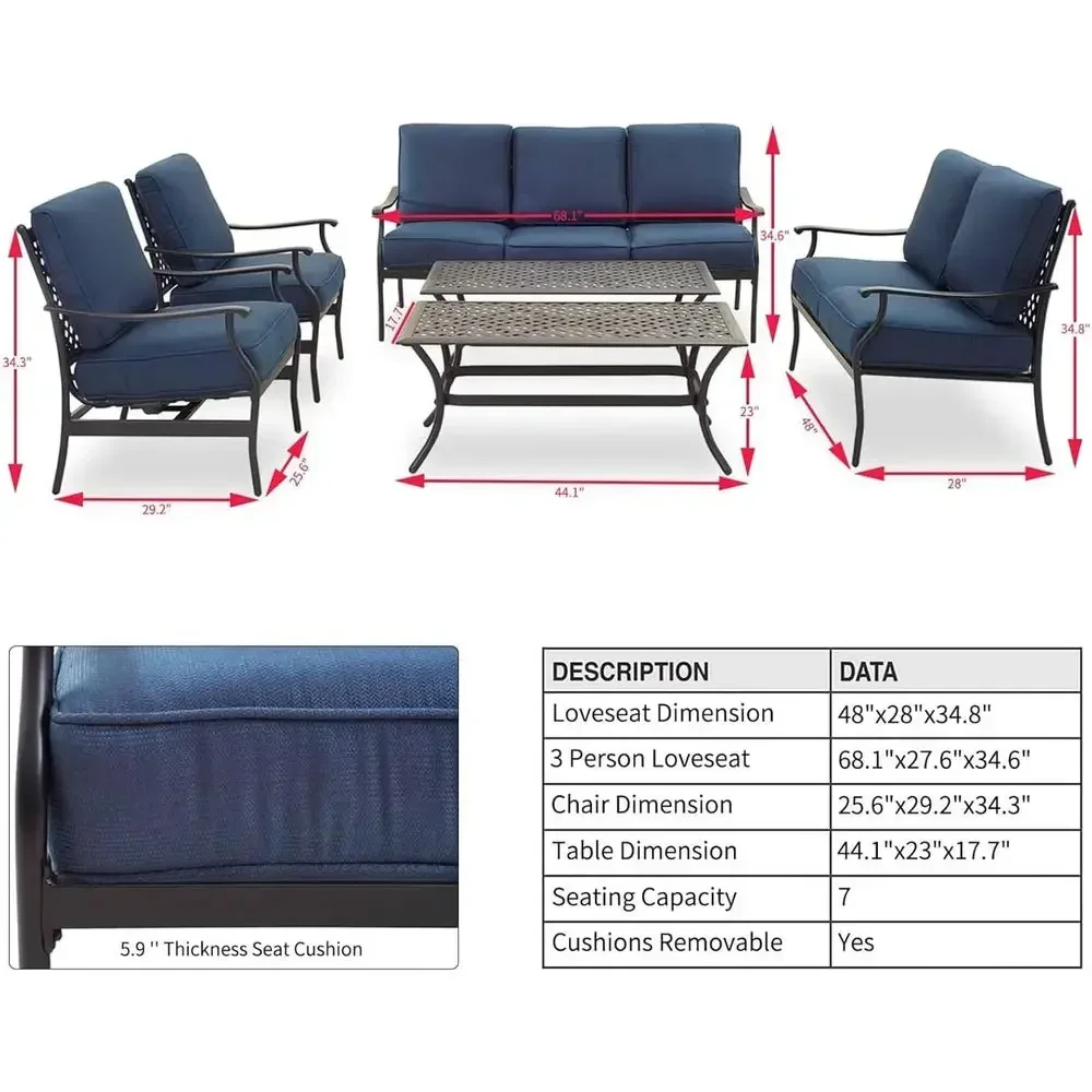 6-Piece Outdoor Patio Furniture Set with Blue Cushions, Rocking Chairs, Coffee Table, and Loveseat